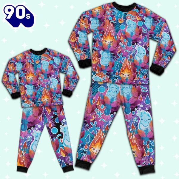 Elemental Ember and Wade Colorful Tropical Pajamas Set – Movie Cartoon Holiday Pajamas