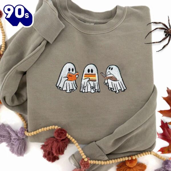 Embroidered Ghost Book Sweatshirt, Ghost Reading Books Sweatshirt