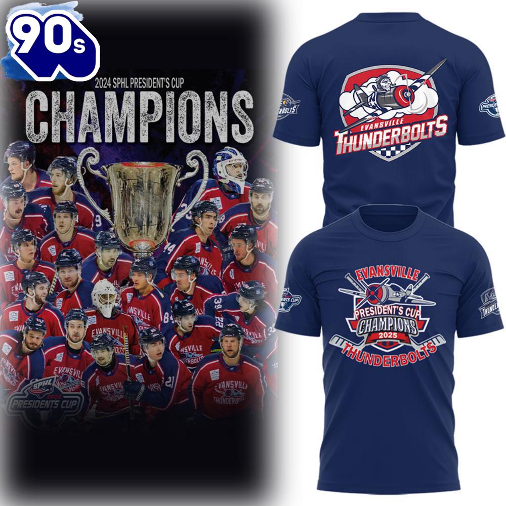 Evansville Thunderbolts Hockey 2025 PRESIDENT'S CUP CHAMPIONS 3d T-Shirt Evansville Thunderbolts Hockey 2025 PRESIDENT'S CUP CHAMPIONS 3d T-Shirt