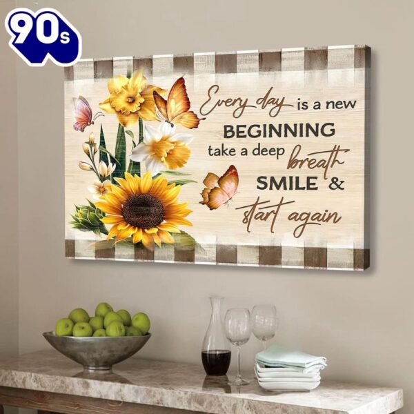 Every Day Is A New Beginning Butterfly Sunflowers Wall Art Canvas Religious Wall Decor