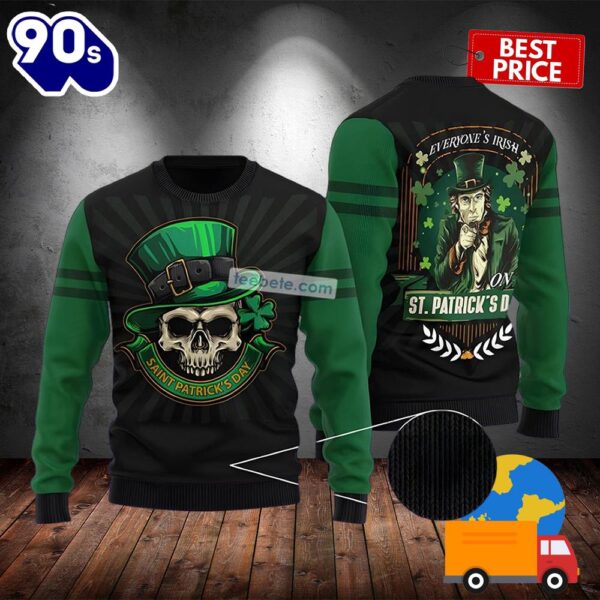 Everyone Irish On Sant Patrick Day With Skull Green Mens Ugly Sweaters 2025