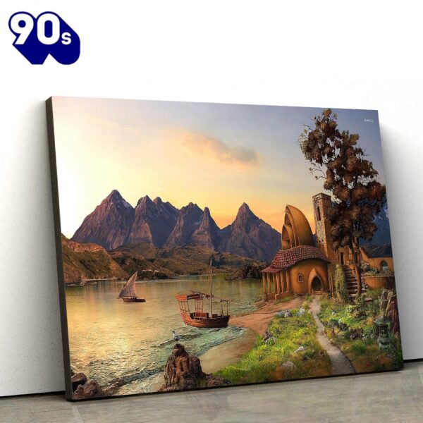 Fairy Tale Landscape House to the Mountain Canvas Wall Art  Poster Gift Christmas