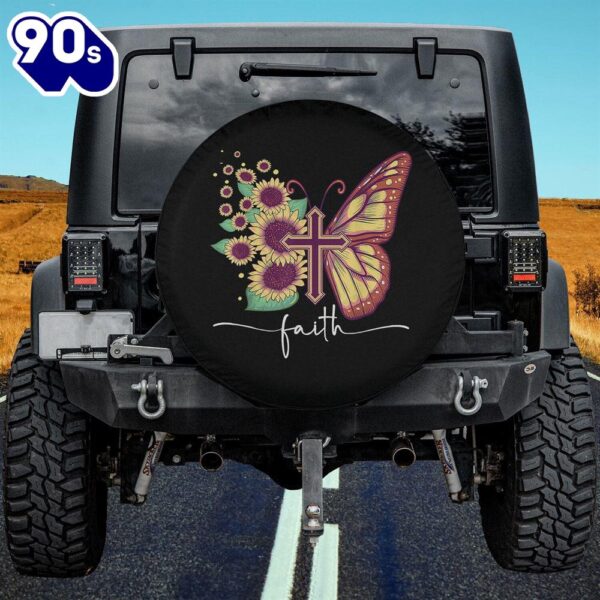 Faith Cross Sunflower Butterfly Christian Spare Tire Cover – Christian Tire Cover Car Decor