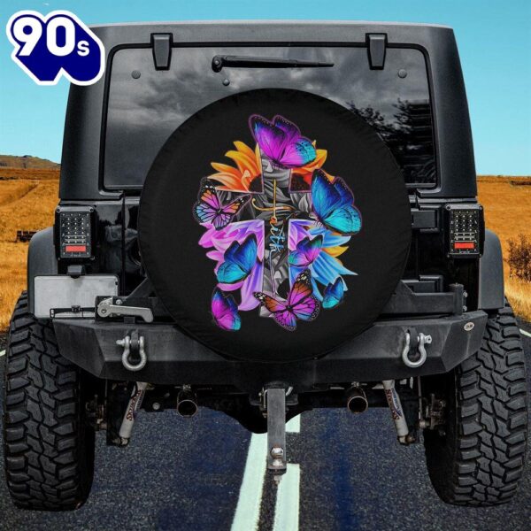 Faith Hope Love God Jesus Christ Cross Butterflies Floral Spare Tire Cover – Christian Tire Cover Car Decor