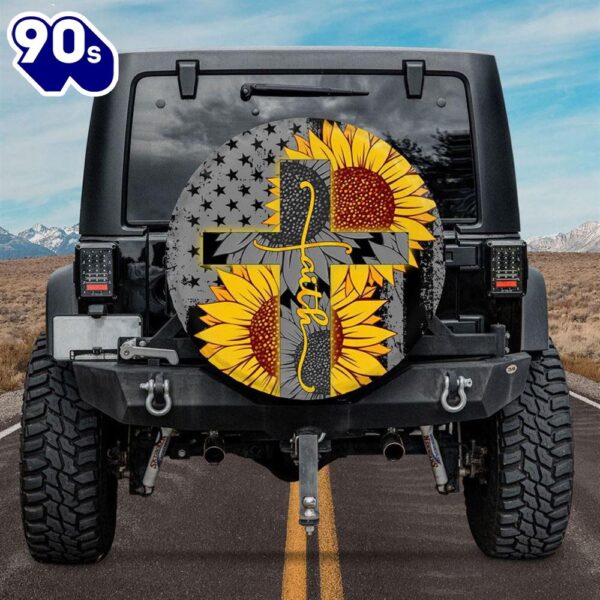 Faith Jesus Cross Sunflower American Flag Gift For Father – Spare Tire Cover For Car Car Decor