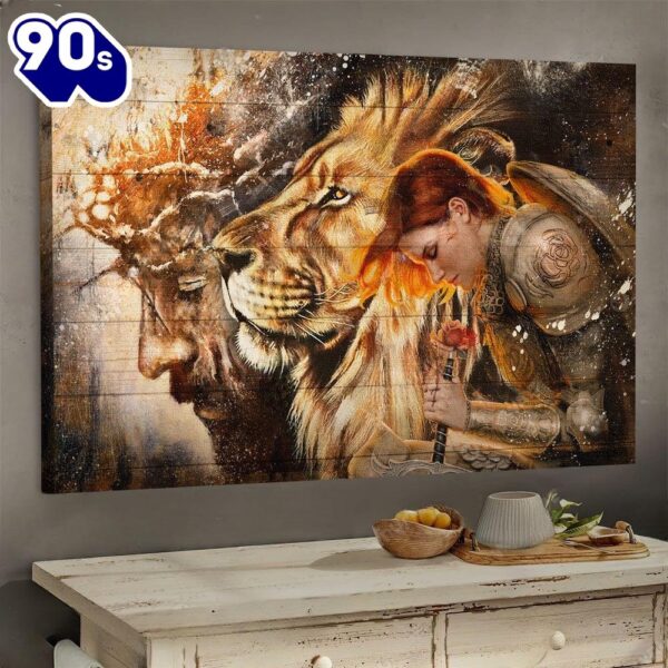 Female Knight Praying To Jesus Lion Of Judah Canvas Wall Art  Poster Gift Christmas