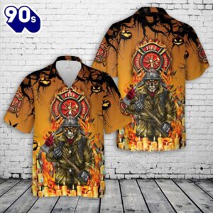 Firefighter skull Halloween Hawaiian Shirt…