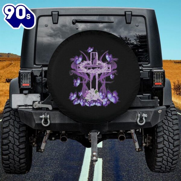 Floral Cross Flowers Butterfly Jesus Christian Purple Spare Tire Cover – Religious Christian Spare Tire Cover Car Decor