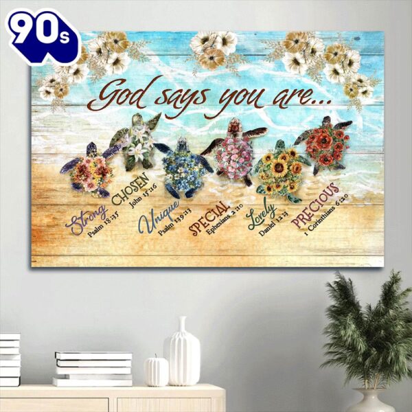 Flower Painting On The Beach Sea Turtles Bible Verse God Says You Are Canvas Wall Art  Poster Gift Christmas