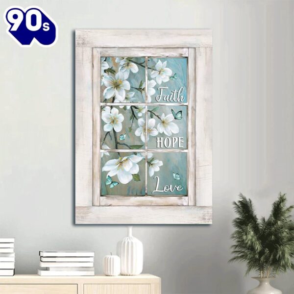 Flower Painting White Wooden Window Spring Drawing Blue Butterfly Faith Hope Love Canvas