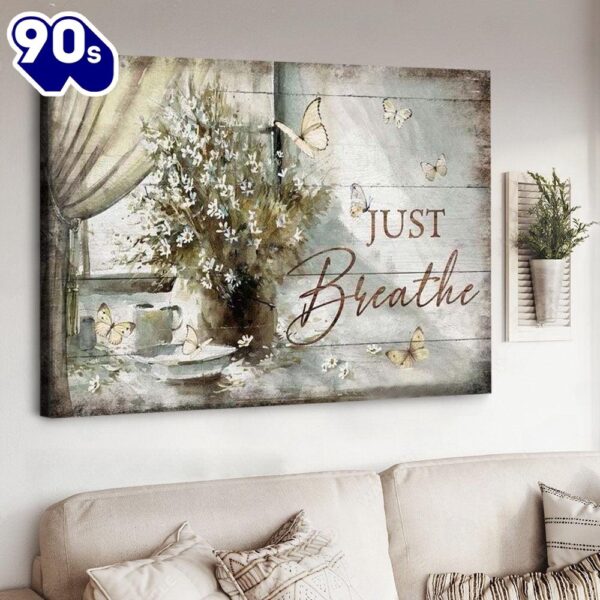 Flower Vase By The Window Vintage Painting Just Breathe Jesus Canvas Wall Art   Poster Gift Christmas