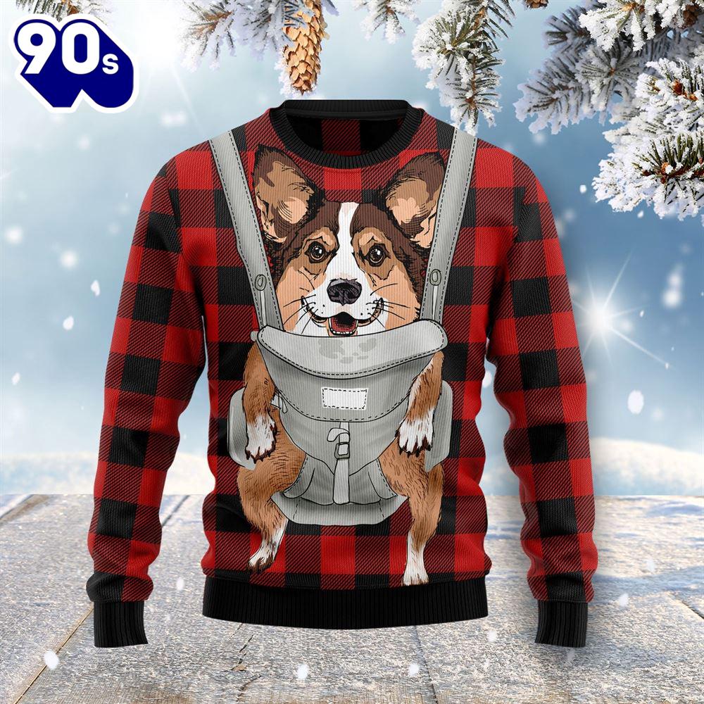 Front Carrier Dog Pembroke Welsh Corgi Ugly Christmas Sweater Front Carrier Dog Pembroke Welsh Corgi Ugly Christmas Sweater