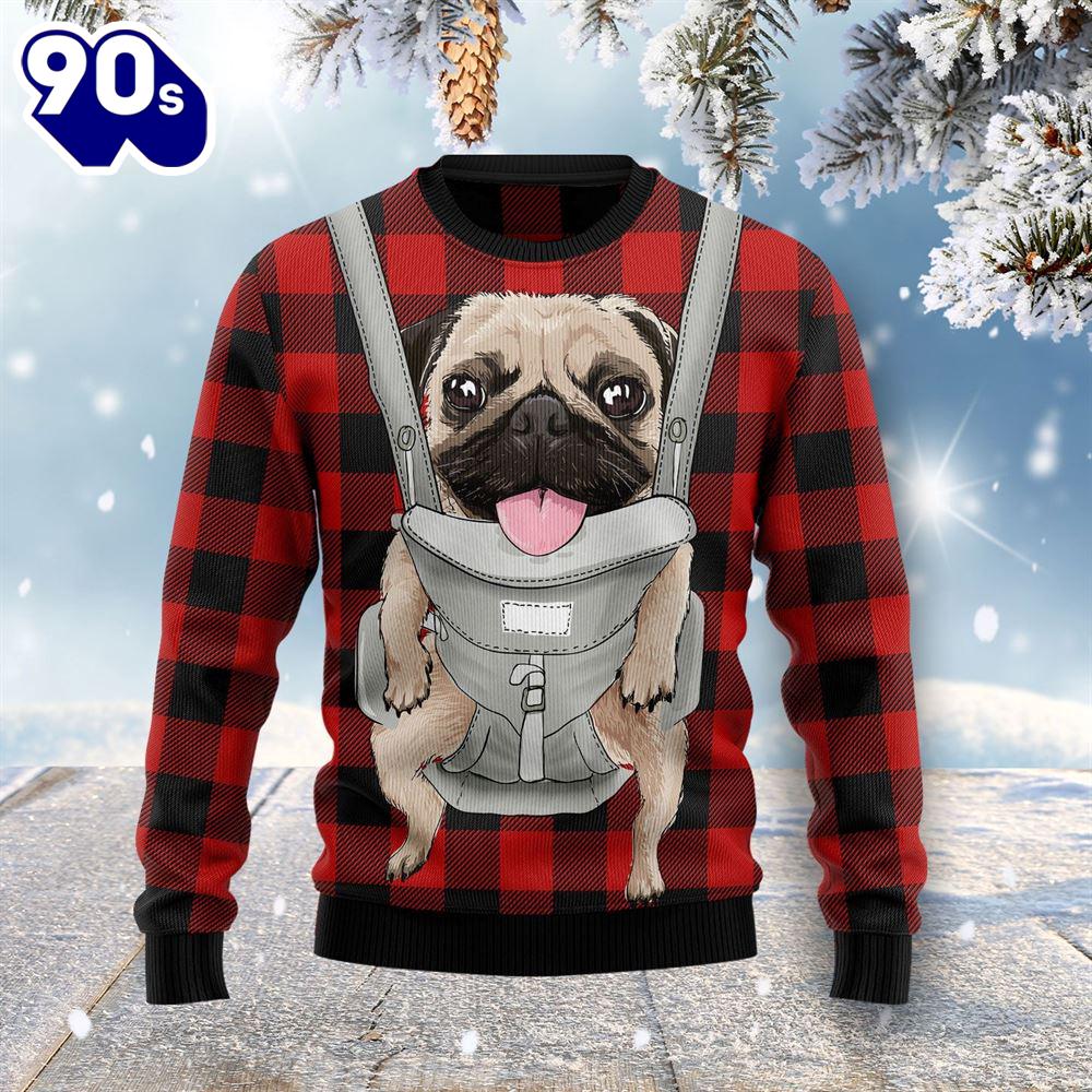 Front Carrier Dog Pug Ugly Christmas Sweater Front Carrier Dog Pug Ugly Christmas Sweater