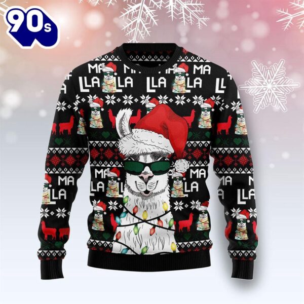 Christmas 2024  Funny Llama Christmas Light Ugly Christmas Sweater