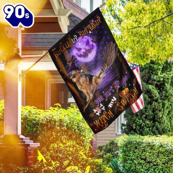 german shepherd witch flying broom switch halloween flags