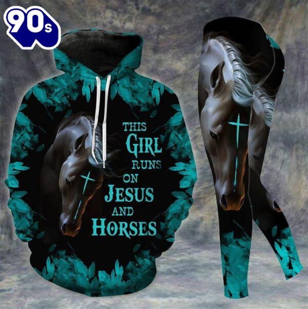 Girl Runs On Jesus And Horse All Over Print Leggings Hoodie Set Outfit For Women Gift Xmas