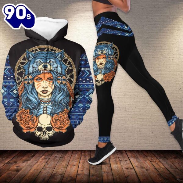 Girl, Wolf &amp Skull Native All Over Print Leggings Hoodie Set Outfit For Women Gift Xmas