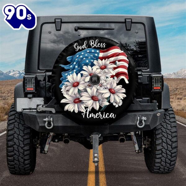 God Bless American Flag Flower Spare Tire Cover – Religious Christian Spare Tire Cover Car Decor