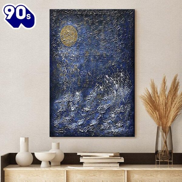 Gold Blue Art Golden Moon Abstract Painting Canvas Wall Art  Poster Gift Christmas
