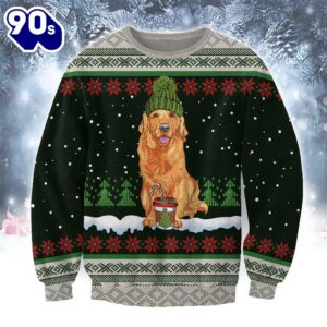 Golden Retriever With Snow And Christmas Ugly Sweater