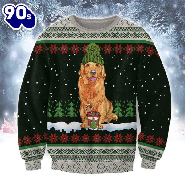 Golden Retriever With Snow And Christmas Ugly Sweater