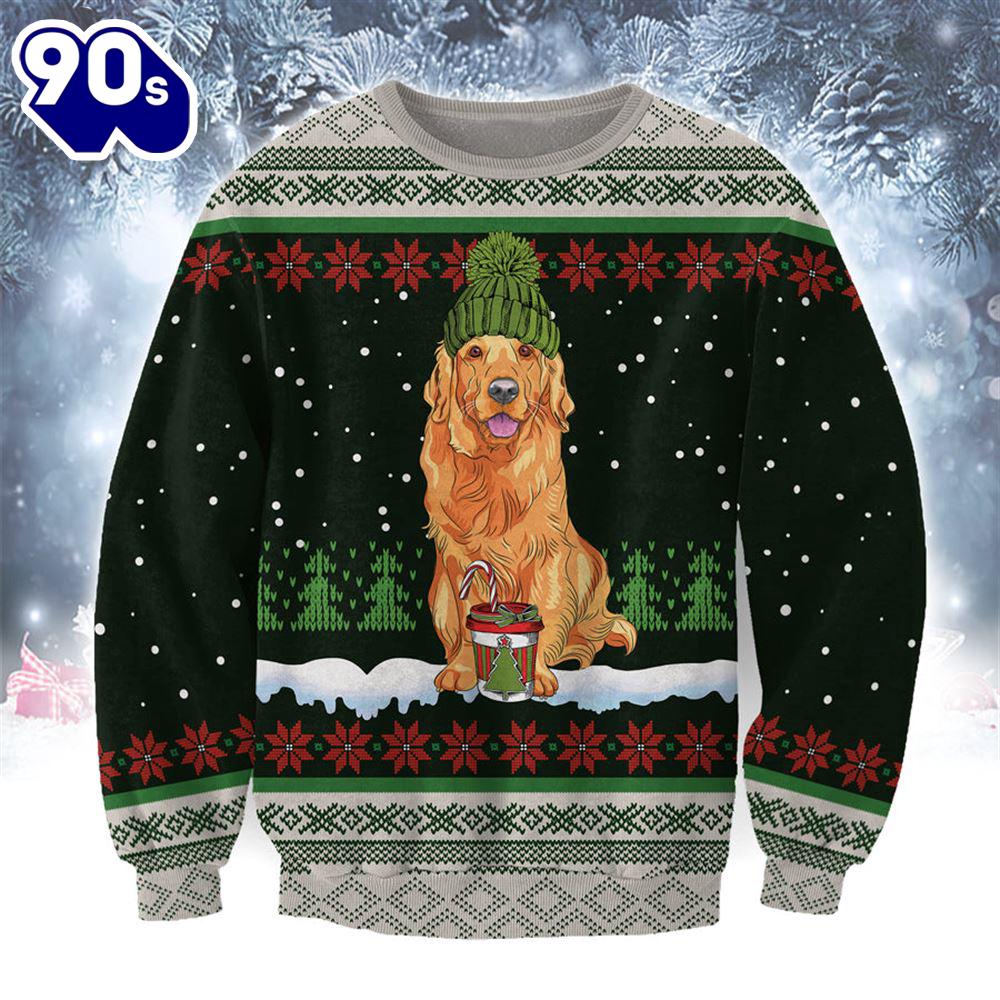 Golden Retriever With Snow And Christmas Ugly Sweater Golden Retriever With Snow And Christmas Ugly Sweater