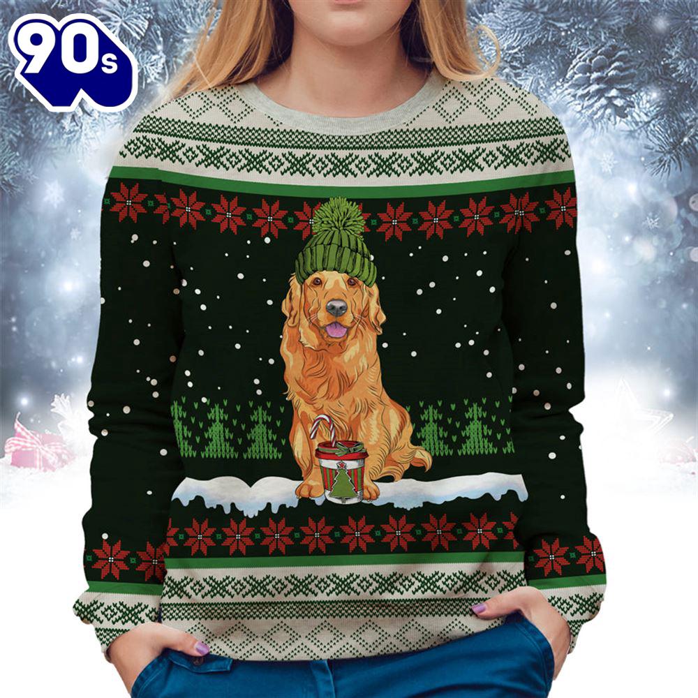 Golden Retriever With Snow And Christmas Ugly Sweater Golden Retriever With Snow And Christmas Ugly Sweater
