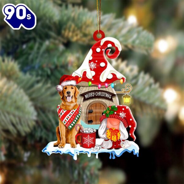 Golden-Retriever With Mushroom House Christmas Ornament, Gift For Christmas