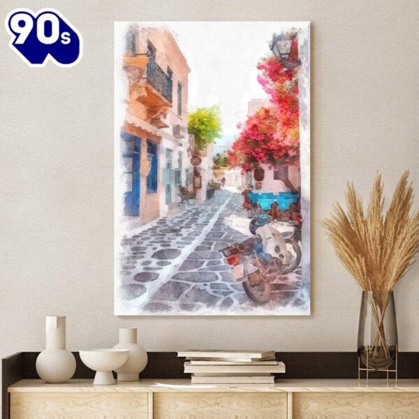 Greek Island Street Painting Canvas Wall Art  Poster Gift Christmas