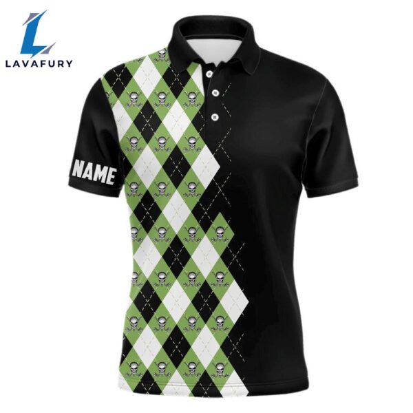 Green Argyle Plaid Skull Pattern Custom Black Mens Golf Polo Shirt, Golf Tops   Gift Christmas