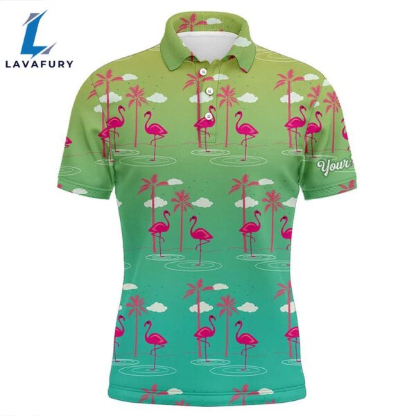 Green Gradient Tropical Pattern With Pink Flamingos Custom Mens Golf Polo Shirt  Gift Christmas