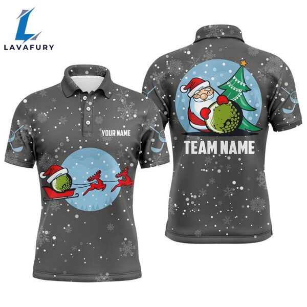 Grey Christmas Mens Golf Polo Shirts With Reindeer & Santa Custom Golf Tops   Gift Christmas