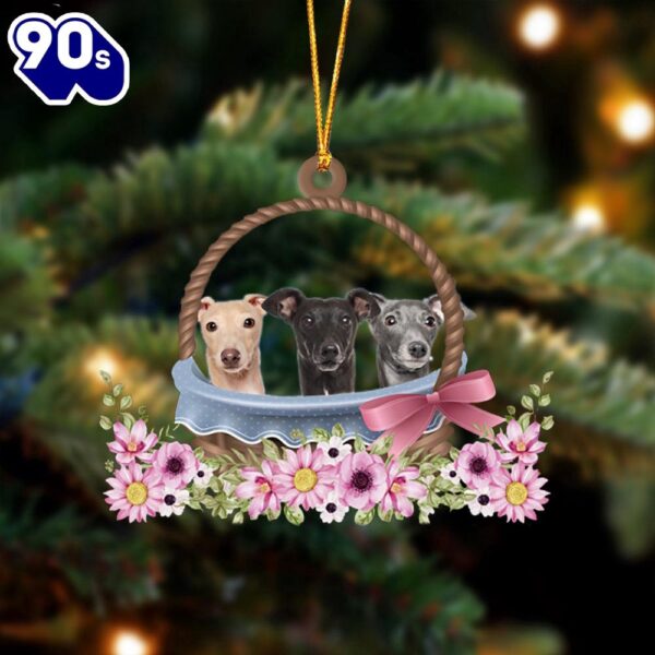 Greyhound Dogs In The Basket Ornament, Gift For Christmas