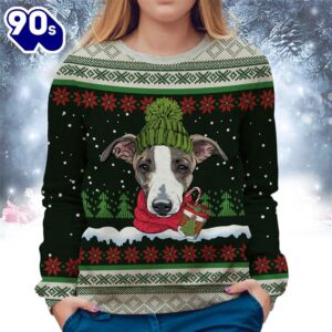 Greyhound With Snow And Christmas Ugly Sweater