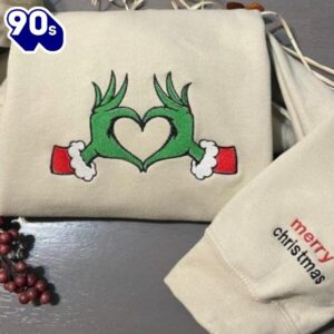 Grinch Heart Embroidered Crewneck Merry Christmas Shirt