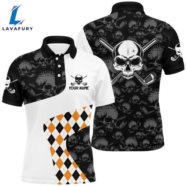 Halloween Orange Argyle Pattern Mens Golf Polo Shirt Skull    Gift Christmas