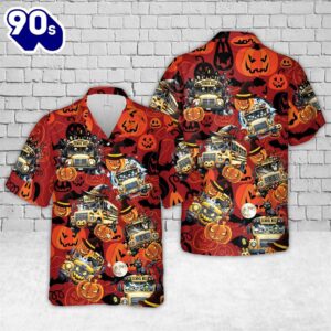 Halloween School Bus Hawaiian Shirt…