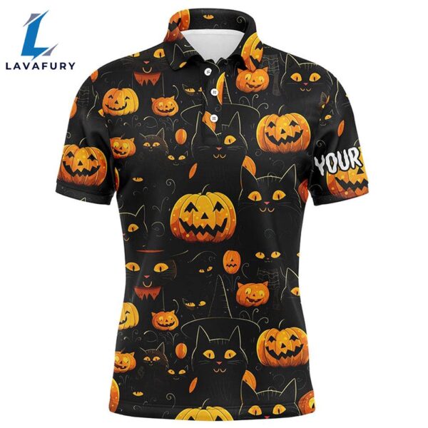 Halloween Seamless With Pumpkin & Cute Cat Mens Golf Polos Funny Golf Tops   Gift Christmas