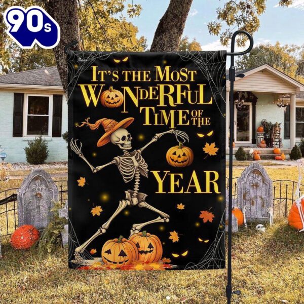 Halloween  Halloween Skeleton Dancing Pumpkins It’s The Most Wonderful Time Of The Year Flag, Halloween Garden Flags