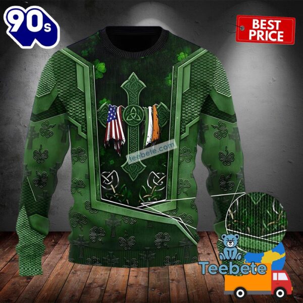 Happy St Patrick Day With Scarf Celtic Cross Green Best Ugly Sweaters 2025