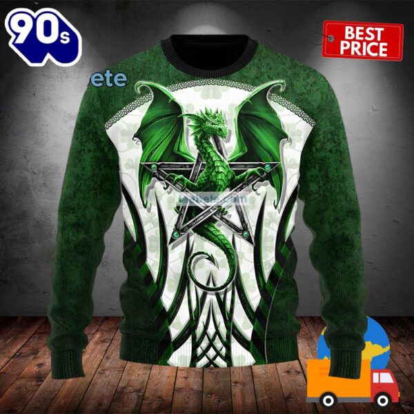 Happy St Patrick Dragon And Pentagram Green Mens Ugly Sweaters 2025