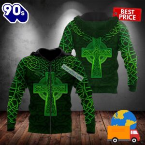 Happy St Patricks Day With Celtic Cross Green 3D Zip Up Hoodie 2025