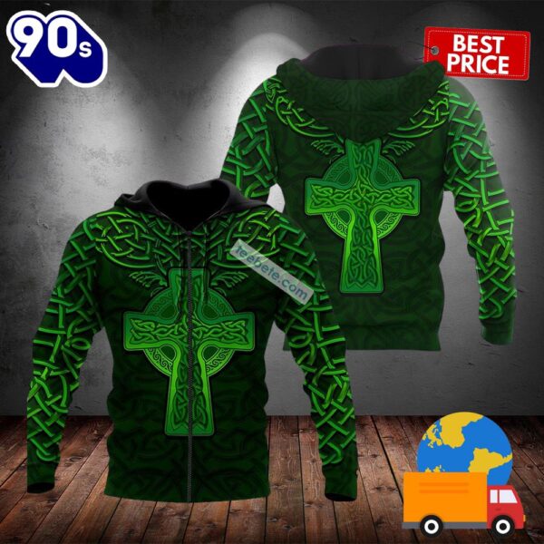 Happy St Patricks Day With Celtic Cross Green 3D Zip Up Hoodie 2025