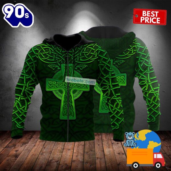 Happy St Patricks Day With Celtic Cross Green 3D Zip Up Hoodie 2025
