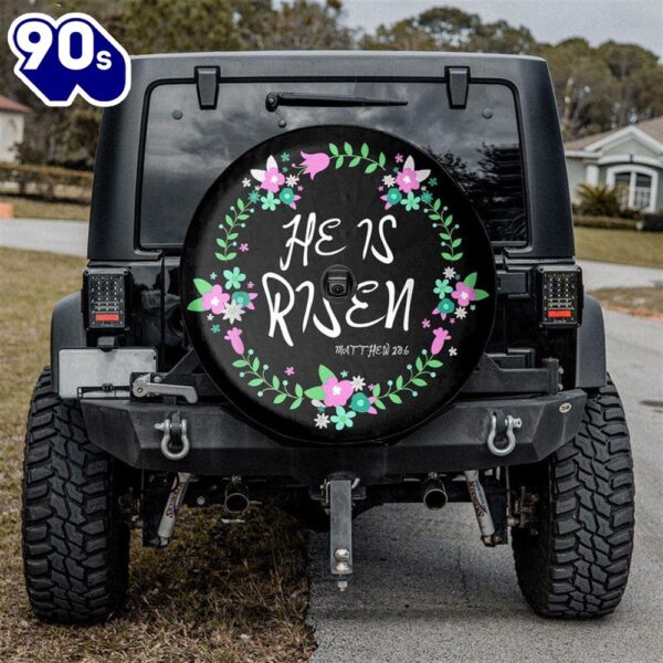 He is Risen Jesus Christian Easter Floral Wreath Spare Tire Cover – Religious Christian Spare Tire Cover Car Decor