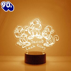 Hear See Speak No Evil Monkey Trio Night Light Personalized Free Led Night Lamp  Gift Christmas