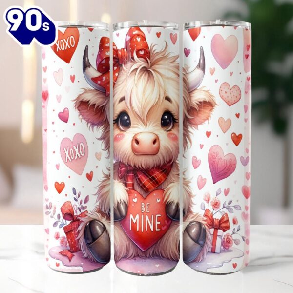 Highland Cow Be Mine Valentines 20 Oz Skinny Tumbler, Highland Cow Tumbler, Valentine Tumbler