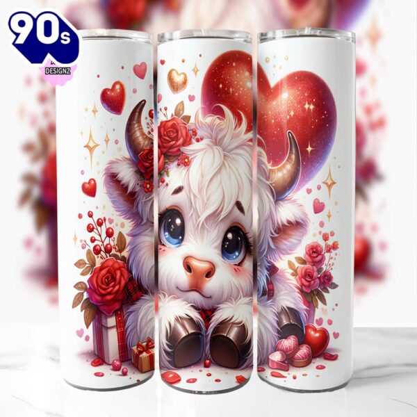 Highland Cow Valentine 20 Oz Skinny Tumbler, Highland Cow Tumbler, Valentine Tumbler