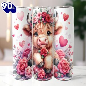 Highland Cow Valentine 20 Oz Skinny Tumbler, Highland Cow Tumbler, Valentine Tumbler