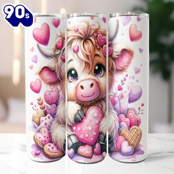 Highland Cow Valentine Cookie 20 Oz Skinny Tumbler, Highland Cow Tumbler, Valentine Tumbler